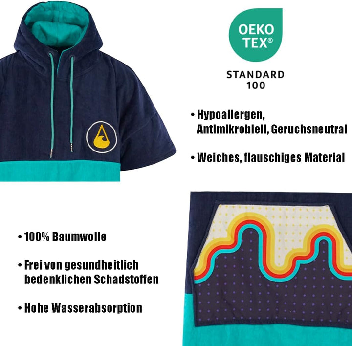 WAVE HAWAII Poncho Bluebow Surfponcho 100% Baumwolle für Körpergrössen von 175-205 cm Umkleidehilfe
