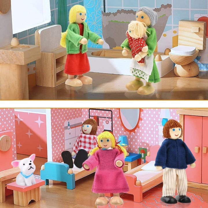 Hölzerne Puppenhaus Puppen Familie Set mit Katze und Hund, 9 Stück Verstellbare Familienpuppen Figur