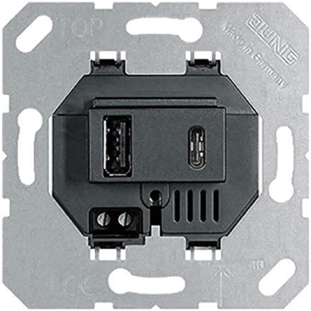 Jung USB-Ladegerät 15CASW mit 2 USB-Buchsen Ports: 1× USB Typ A, 1 ×Typ C (max. 3A) Schwarz, Schwarz