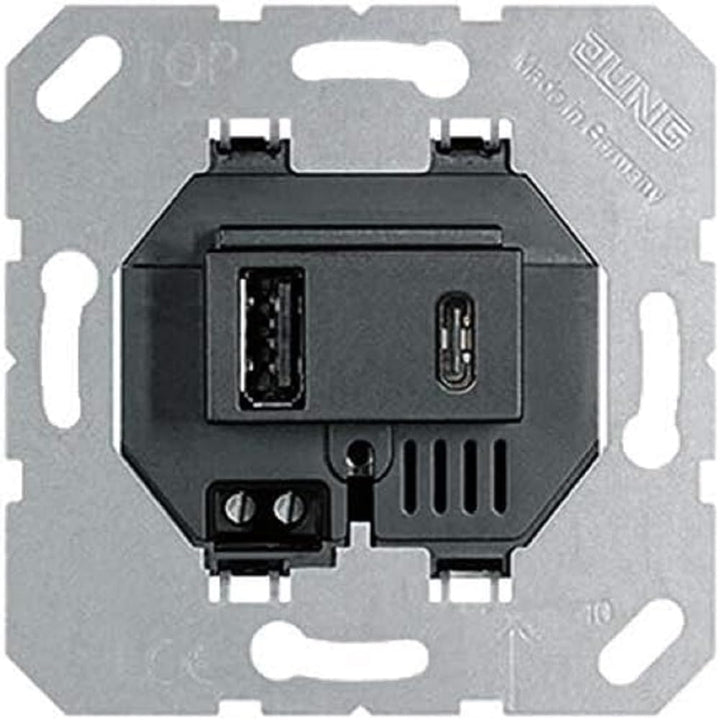 Jung USB-Ladegerät 15CASW mit 2 USB-Buchsen Ports: 1× USB Typ A, 1 ×Typ C (max. 3A) Schwarz, Schwarz