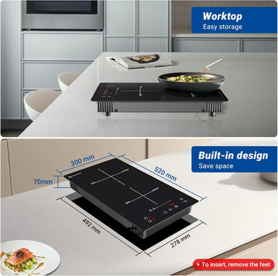 AMZCHEF Induktionskochfeld 2 Platten, 2-in-1-Induktionskochfeld Einbau- oder Arbeitsplatte mit 10 Le