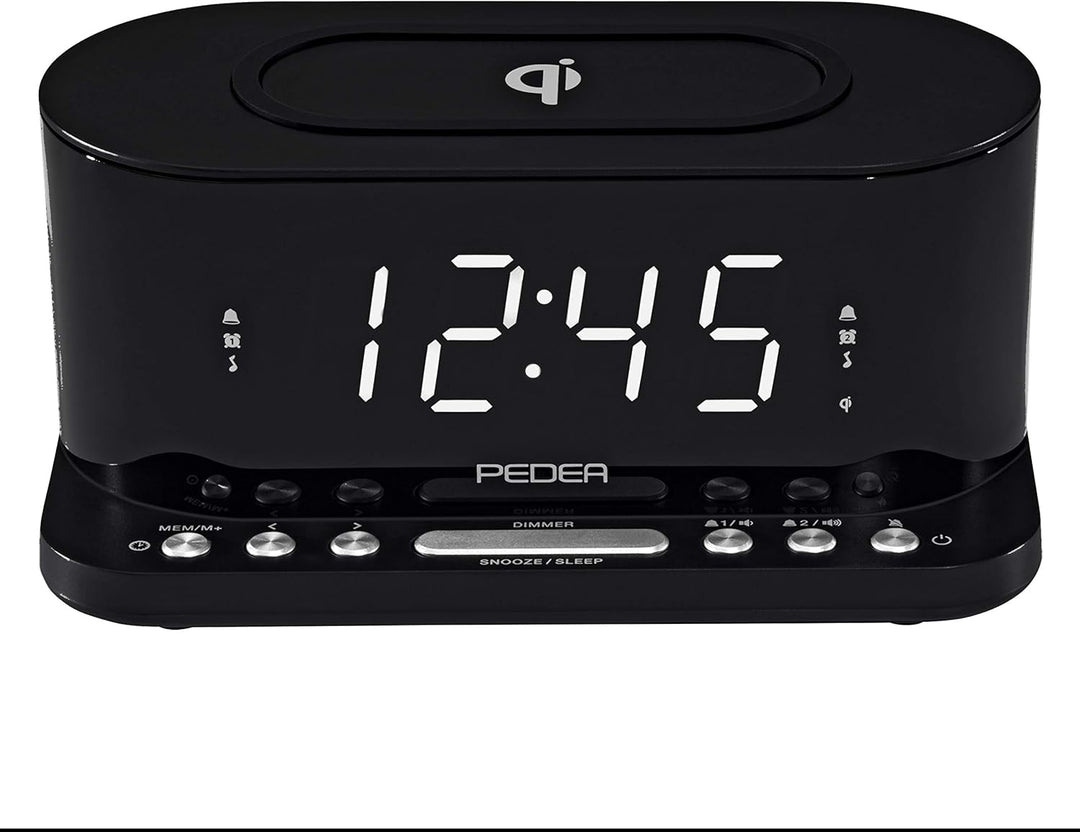 PEDEA FM Radiowecker mit induktiver QI-Ladefunktion und dimmbarem Display, Snooze, Dual Alarm und Sl