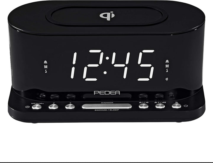 PEDEA FM Radiowecker mit induktiver QI-Ladefunktion und dimmbarem Display, Snooze, Dual Alarm und Sl