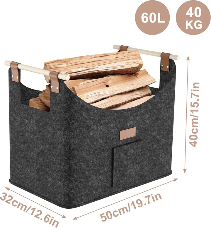2X Feuerholzkorb mit Holzgriff Faltbare Kaminholzkorb mit Seitentaschen Filztasche für Holz Transpor