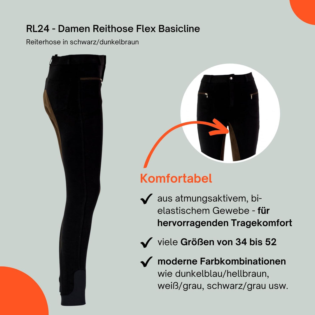 RL24 Damen Reithose Vollbesatz Flex BASICLINE 38 Schwarz/Dunkelbraun, 38 Schwarz/Dunkelbraun