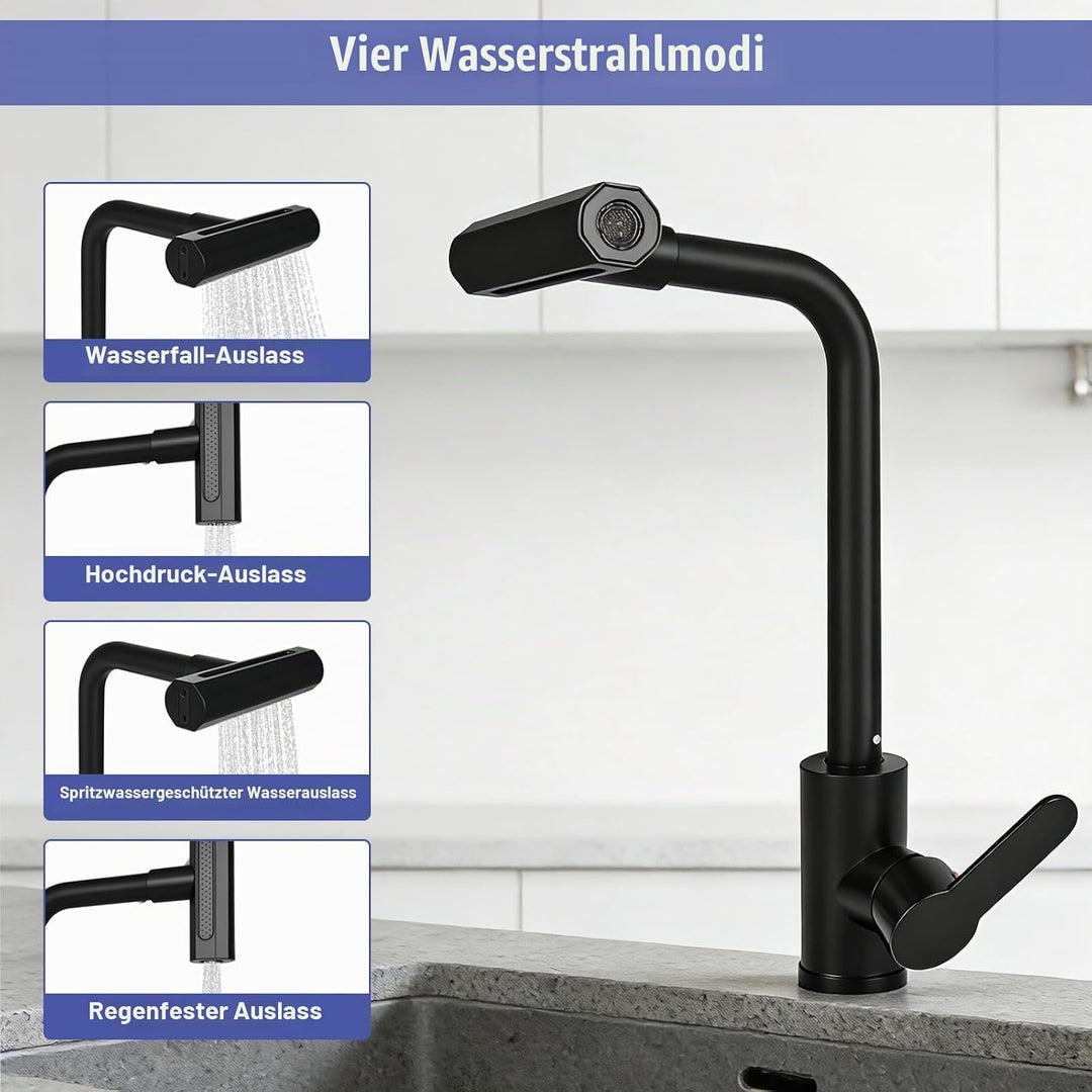 Waterfall Wasserhahn Küche mit 4 Strahlarten, 360° Drehbar Mischbatterie Spültischarmatur Einhebelmi