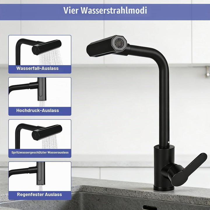 Waterfall Wasserhahn Küche mit 4 Strahlarten, 360° Drehbar Mischbatterie Spültischarmatur Einhebelmi