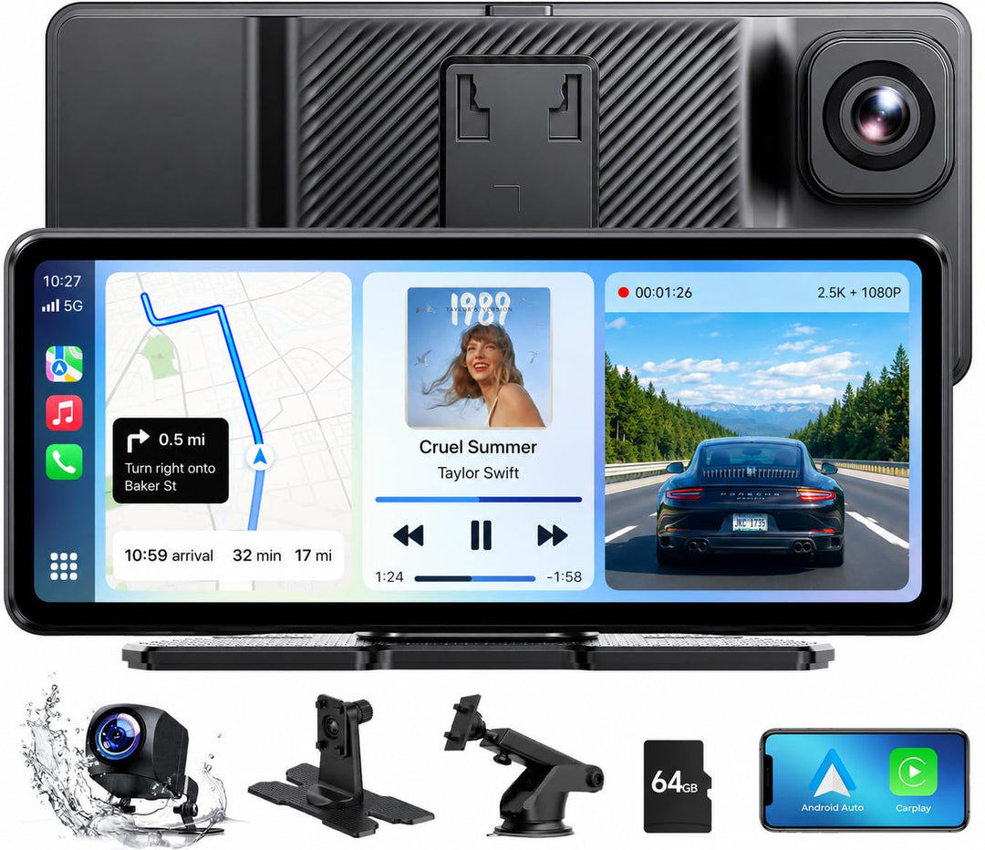 LAMTTO Wireless CarPlay Android Auto Display mit Dashcam 2,5K+1080P, Tragbares 6,86 Zoll HD Touchscr
