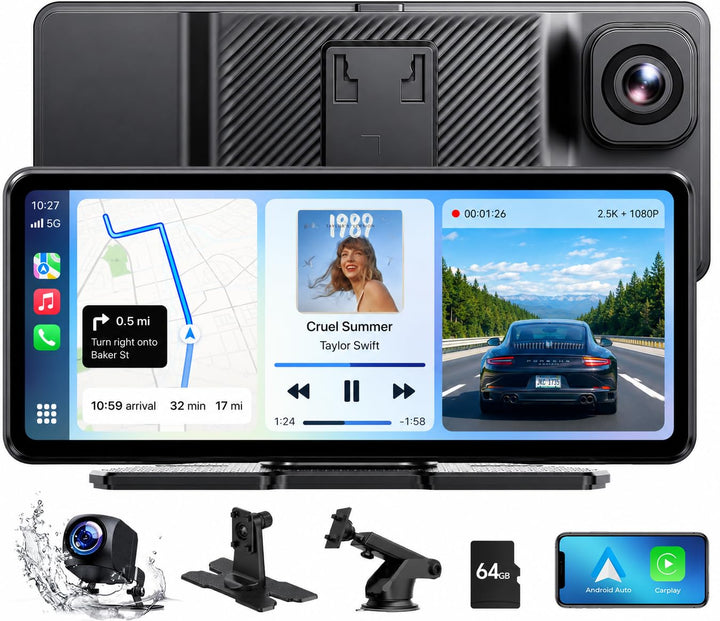 LAMTTO Wireless CarPlay Android Auto Display mit Dashcam 2,5K+1080P, Tragbares 6,86 Zoll HD Touchscr
