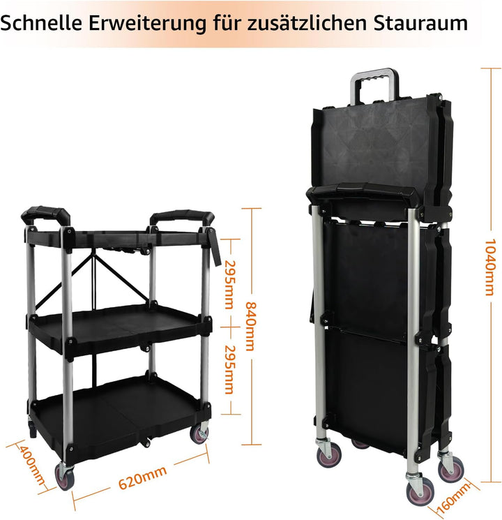 Servierwagen mit Rollen, Klappbar, 62 x 40 x 84cm, Bis zu 75 kg Belastbar, Dreistufiges Faltregal mi