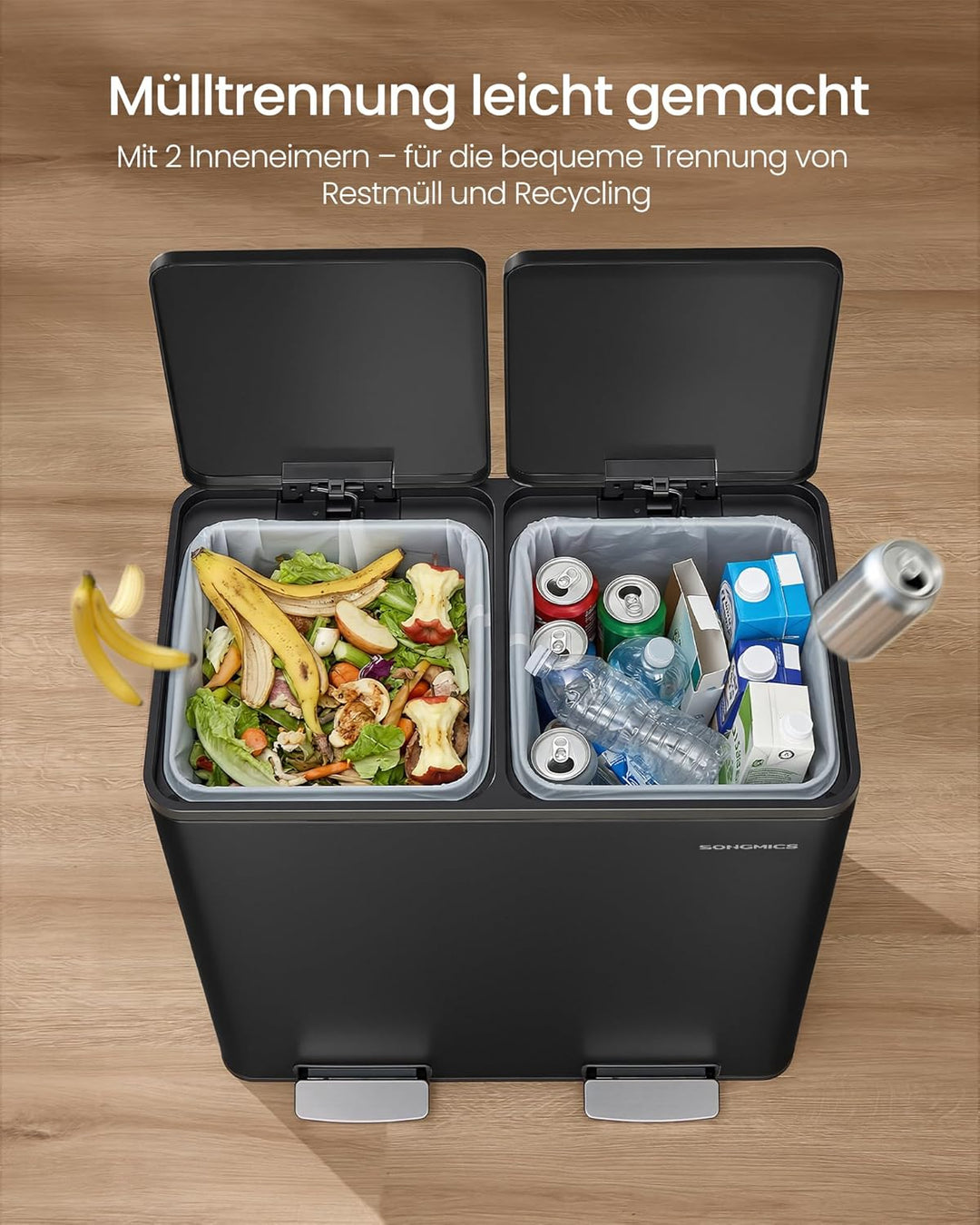 SONGMICS Mülleimer Küche, 2 x 30 L, Mülltrennsystem 2 Fächer, Abfalleimer mit 15 Müllbeuteln, Tretmü
