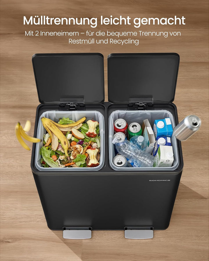 SONGMICS Mülleimer Küche, 2 x 30 L, Mülltrennsystem 2 Fächer, Abfalleimer mit 15 Müllbeuteln, Tretmü