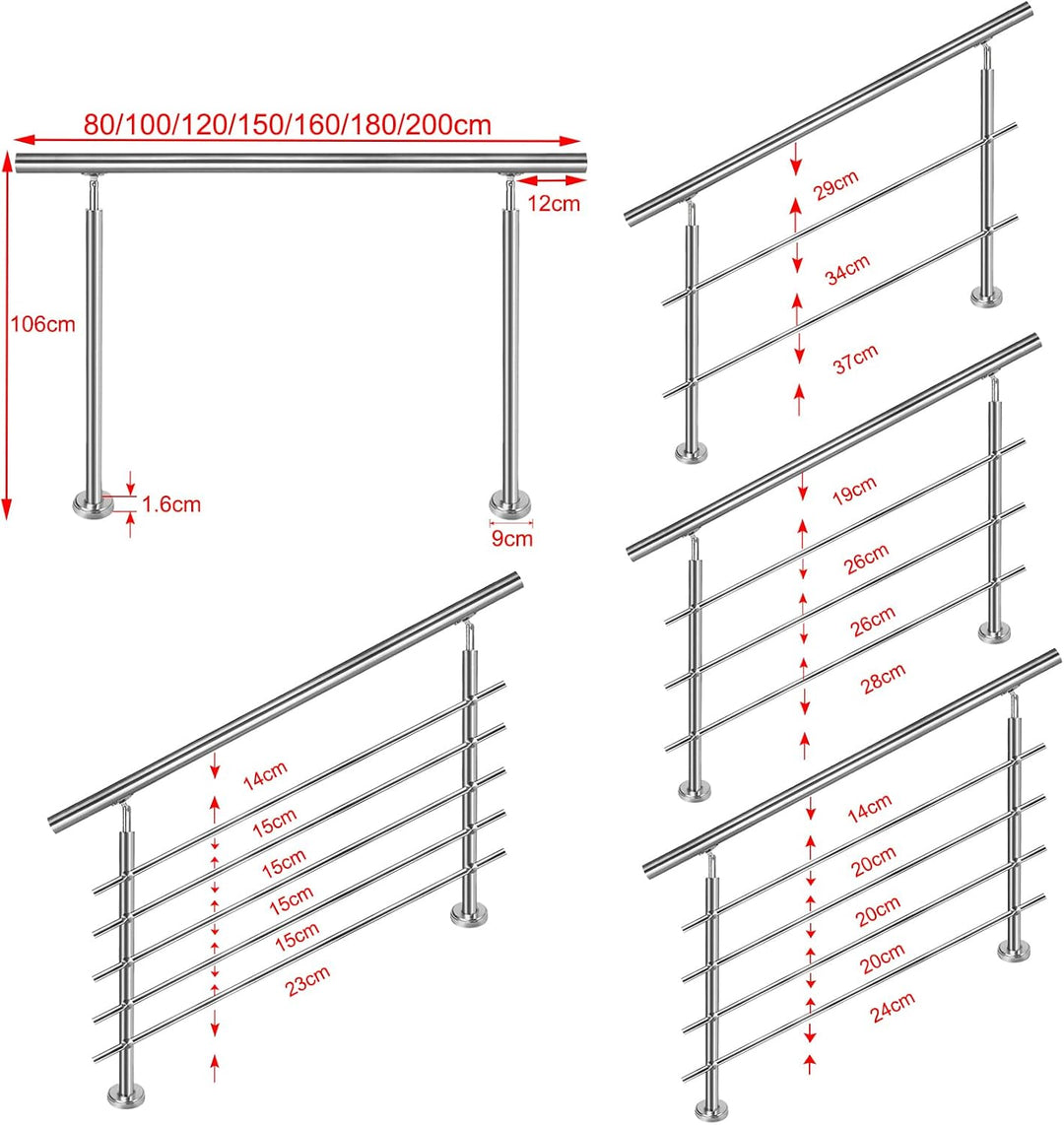 LILIIN Edelstahl Handlauf Geländer Treppengeländer 120 cm mit 2 Querstreben Montagematerial Wandhand