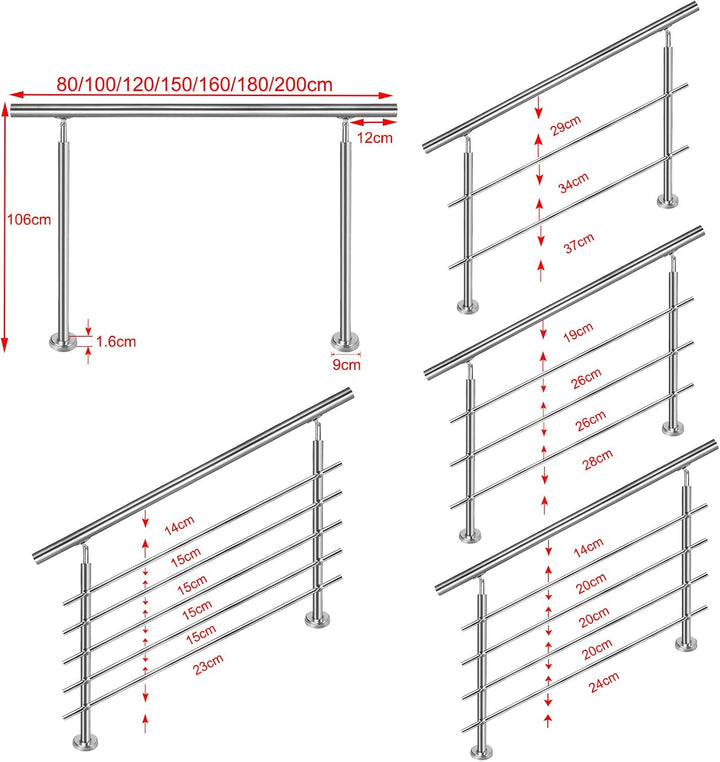 LILIIN Edelstahl Handlauf Geländer Treppengeländer 120 cm mit 2 Querstreben Montagematerial Wandhand