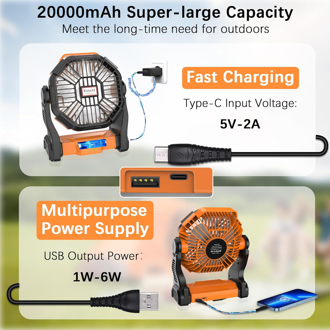 Kssvzz Camping Ventilator 20000mAh, 72 Stunden Akku Ventilator, 4 Geschwindigkeiten Tragbarer Ventil