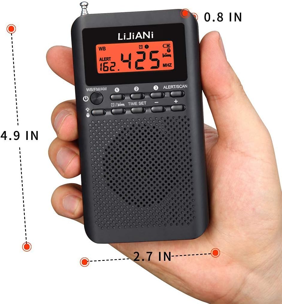 NOAA Weather AM FM Radio, tragbar, batteriebetrieben durch 2 AA-Batterien mit Stereo-Kopfhörer, LCD-