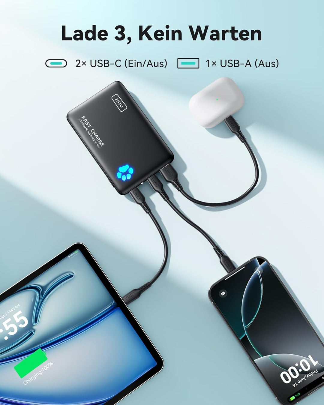 INIU Power Bank, 22,5W Powerbank Klein Aber Stark 10000mAh (USB C In & Out), PD3.0 QC4.0 Externe Han