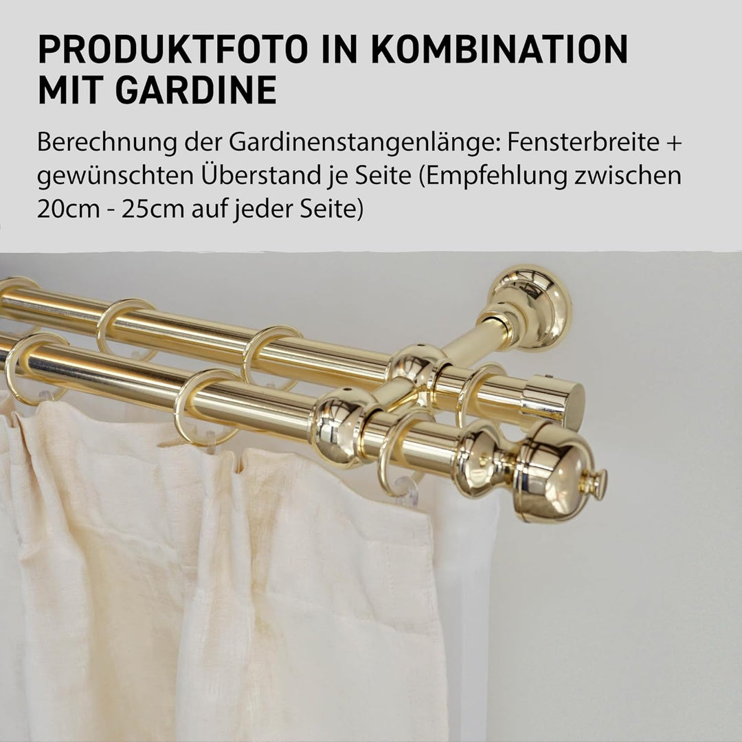 Garesa Gardinenstange Andrea Ø 20mm, 2-läufig, Messing I Stabile Vorhangstange inkl. Ringe + Faltenl