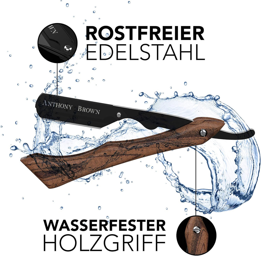 Anthony Brown® Rasiermesser Holz in Schwarz oder Silber - einzigartiger Klingenkopf für mehr Präzisi