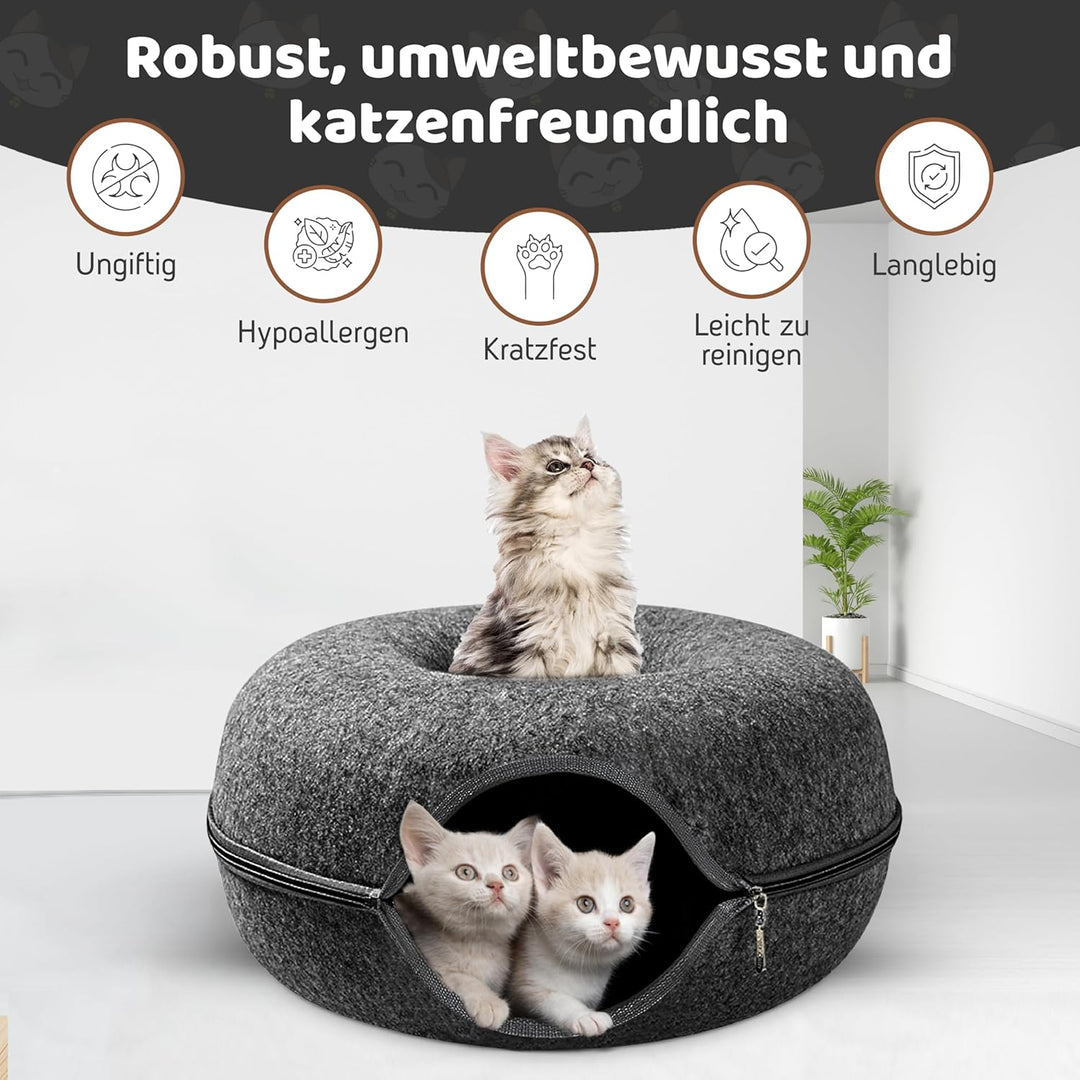 PAWSAGE® Katzentunnel Filz, XL Katzenhöhle aus Filz, Katzendonut, Katzen Filzhöhle 60 * 60 * 28, Kat