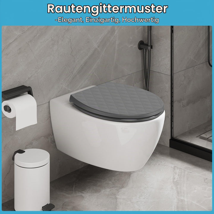 Toilettendeckel mit Absenkautomatik Oval, WC Sitz mit Rauten, Klobrille mit Schnellverschluss, Klode