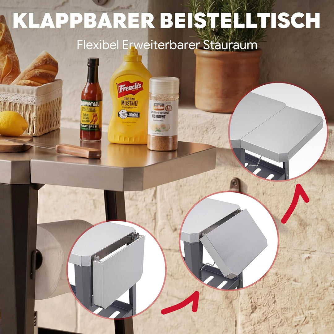 Feasto Grillwagen mit Klappbarem Beistelltisch, Grilltisch mit Rollen, Servierwagen Outdoor für Gart