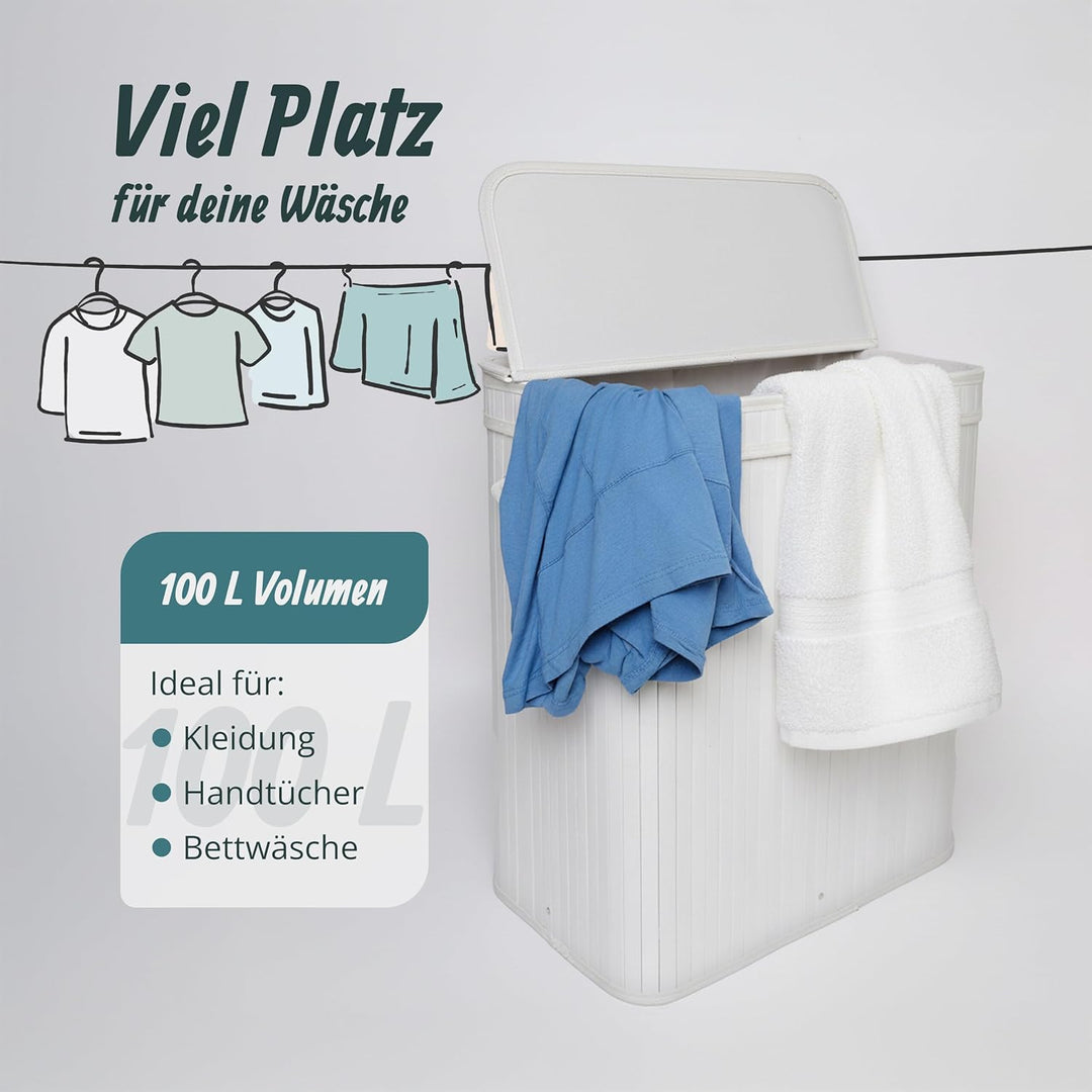 Relaxdays Wäschekorb mit Deckel, Bambus, 100 l, 2 Innenfächer, HxBxT: 63 x 52 x 32 cm, Badezimmer Wä