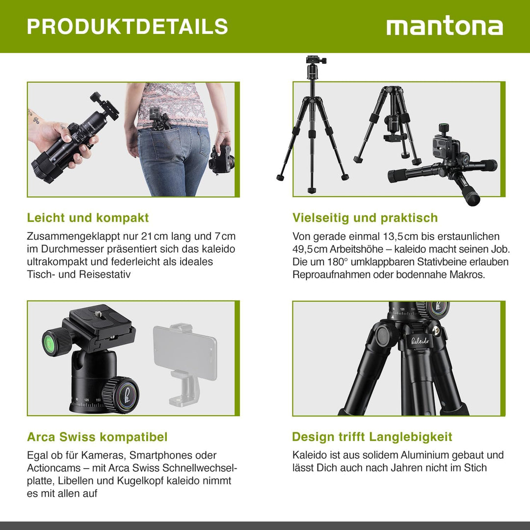 Mantona kaleido mini Foto-/Tisch- und Travelstativ (inkl. Kugelkopf mit Schnellwechselplatte und Tra