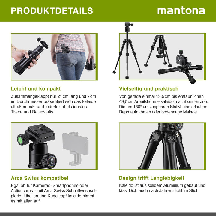 Mantona kaleido mini Foto-/Tisch- und Travelstativ (inkl. Kugelkopf mit Schnellwechselplatte und Tra