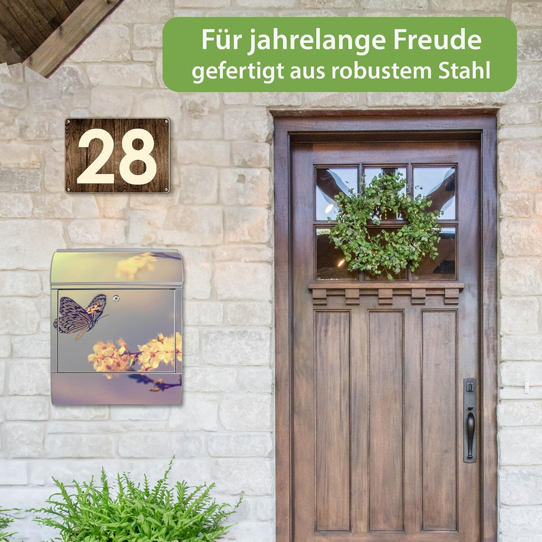 banjado® Design Briefkasten mit Motiv Tag Im Mai 39x47x14cm &amp; 2 Schlüssel - Briefkasten Stahl Silber