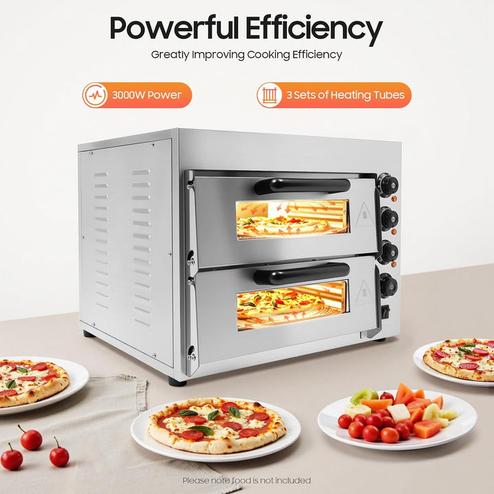 Doppel Pizzaöfen elektrisch, 3000W 2 Kammern Pizzaofen aus Edelstahl, Kommerzieller Pizzabackofen mi