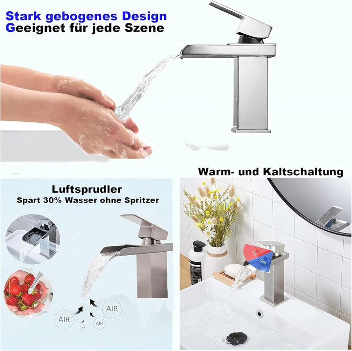 Wasserfall-Badezimmerarmatur, Badezimmerarmatur aus Edelstahl und Messing, Wassersparend, Waschtisch