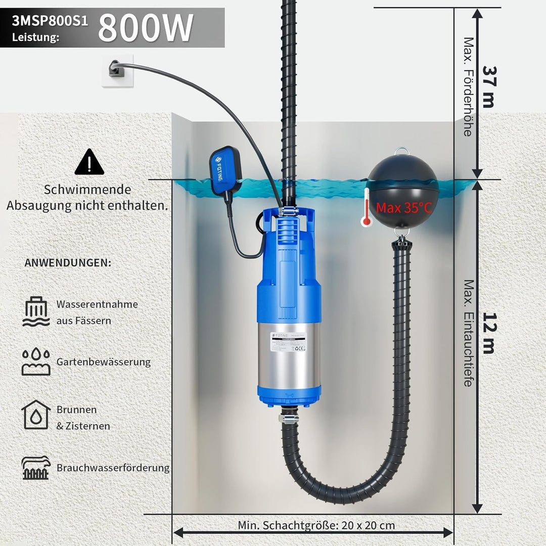 FOTING 6800L/H Tauch-Druckpumpe 800W, Tauchdruckpumpe mit integriertem schwimmer, Automatik Schmutzw