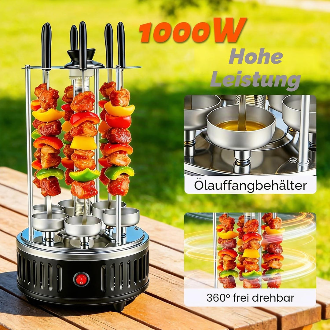 Elektrischer BBQ Tischgrill Vertikalgrill aus Edelstahl, Schaschlikgrill mit 12 Spiessen und 2 Glasr