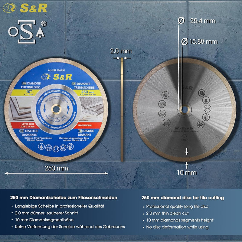 S&R Diamanttrennscheibe 250 x 25,4 x 7 mm (1,6 mm extra dünn), Trennscheibe für sauberes Trennen von