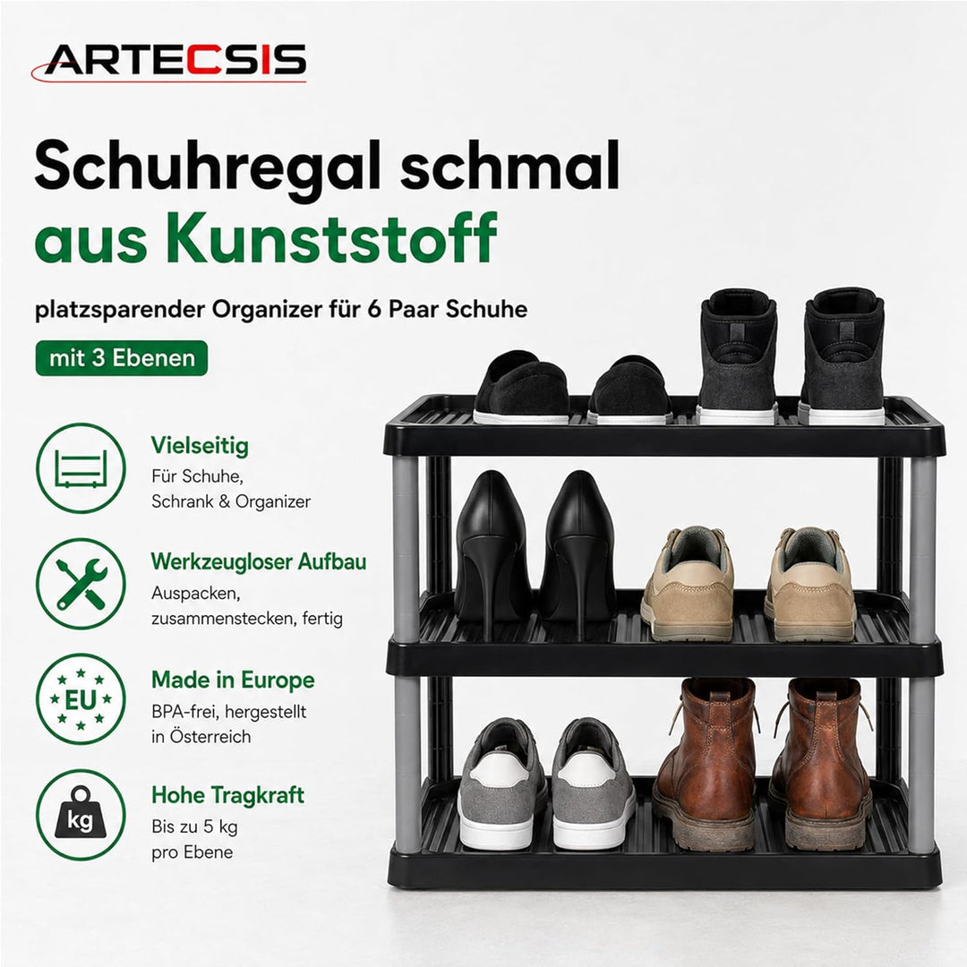 ARTECSIS Schuhregal schmal 3 Ebenen Schwarz I Schuhablage aus Kunststoff 49,5x34,5x43cm, 3 Ebenen