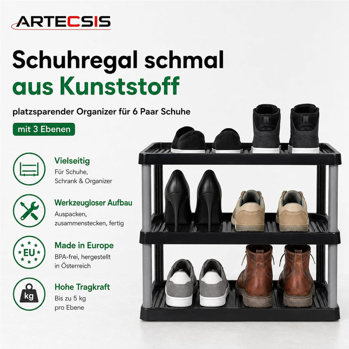 ARTECSIS Schuhregal schmal 3 Ebenen Schwarz I Schuhablage aus Kunststoff 49,5x34,5x43cm, 3 Ebenen