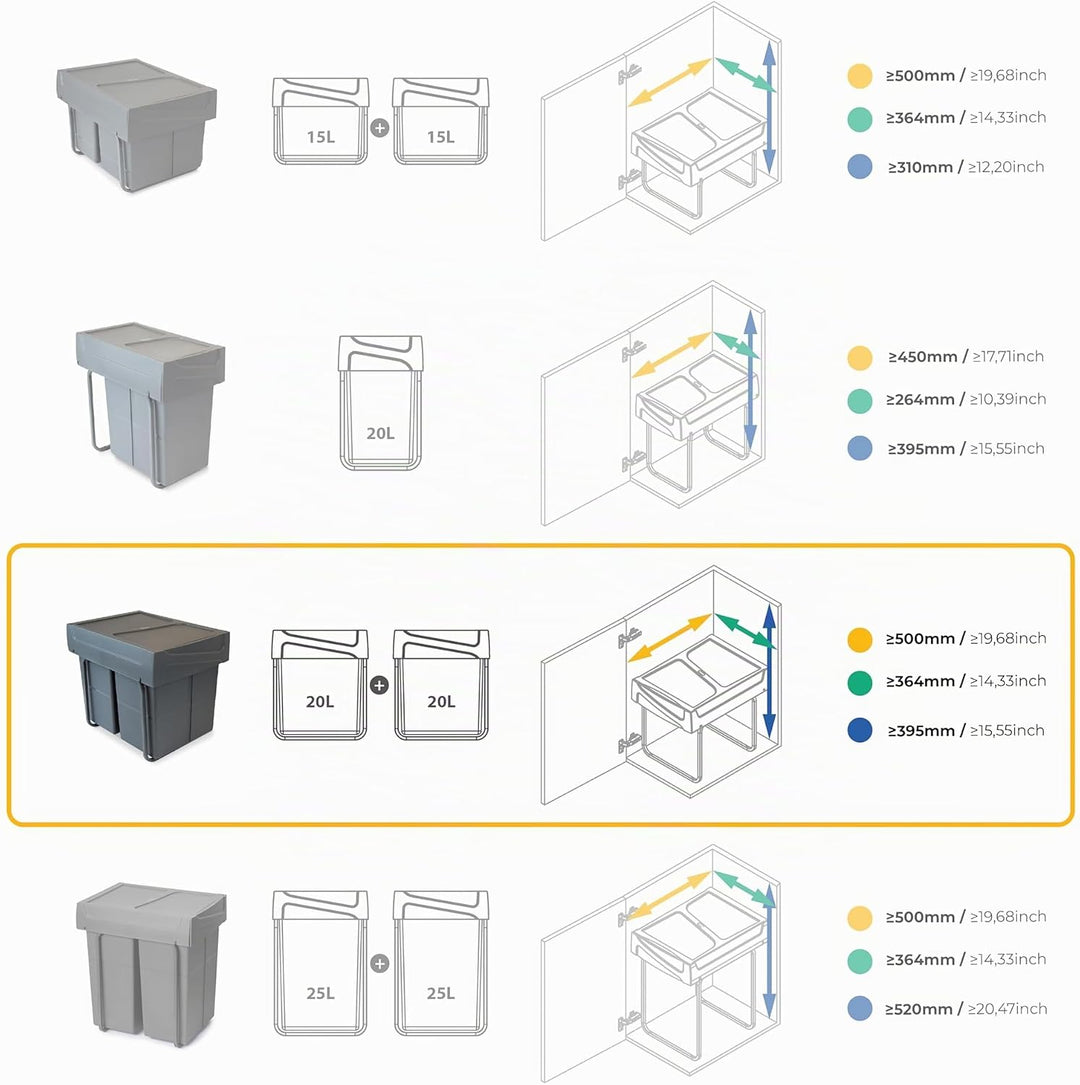 Emuca - Küchenabfalleimer mit unterseitiger Befestigung, 2 ausziehbarer 20 L Recycle-Mülleimer, Gesa