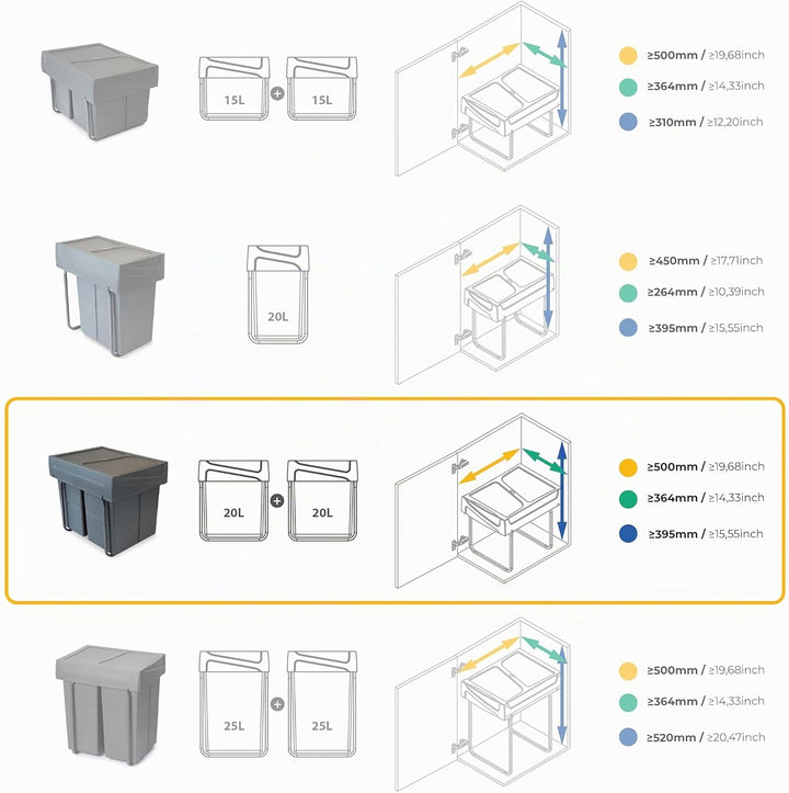 Emuca - Küchenabfalleimer mit unterseitiger Befestigung, 2 ausziehbarer 20 L Recycle-Mülleimer, Gesa
