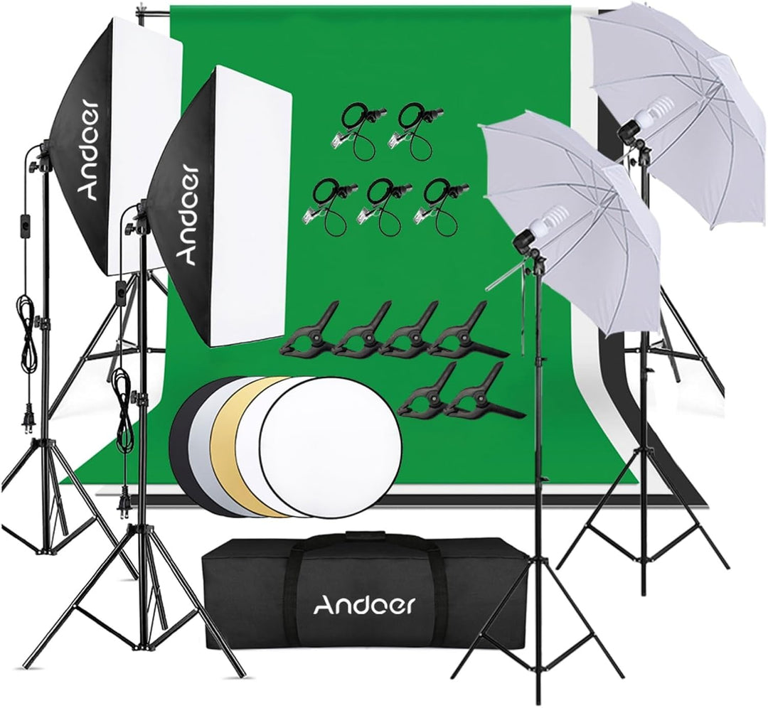 Andoer Fotostudio Set, 1,8m x 2,7m Hintergrund Stützsystem mit Softbox, 45W Fotolampe, Reflektor, We