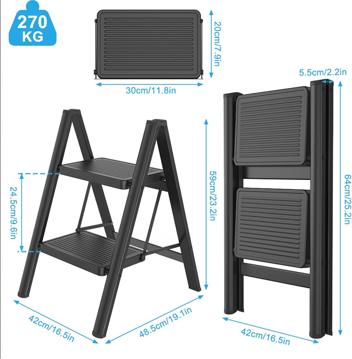 Klappbar Leiter 2-stufige Trittleiter belastbar bis 270 kg,Schwarz | Metall Trittleiter, rostbeständ