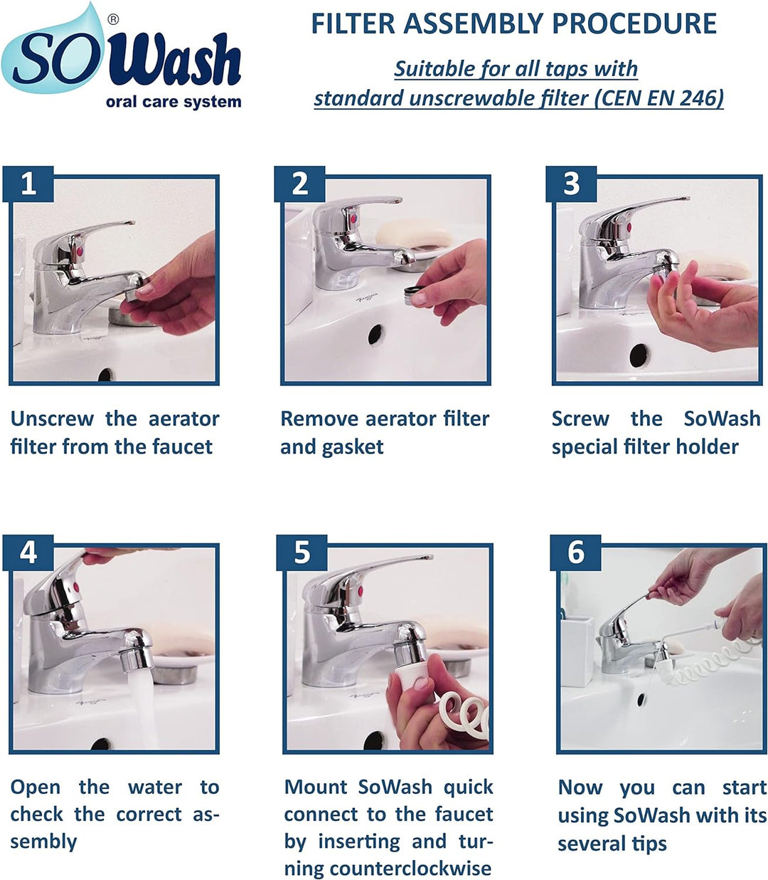 SoWash Munddusche | TRIO | Verbindet mit dem Wasserhahn | Munddusche ohne Batterien und Strom |Itali