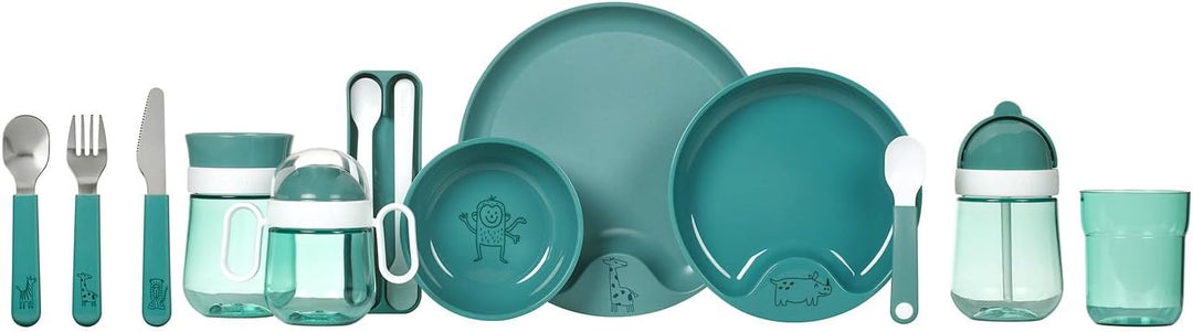 Mepal Mio - Lernteller mit Lernlöffel - Deep turquoise - rutschfester Kinderteller, handliche Kinder