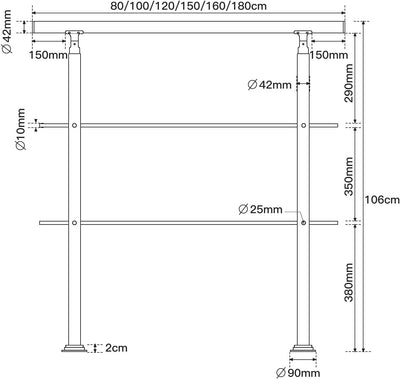 Ikodm Handlauf Edelstahl Treppengeländer Aussen & Innen 100 cm, Ø42mm mit 2 Querstreben und Zubehör,