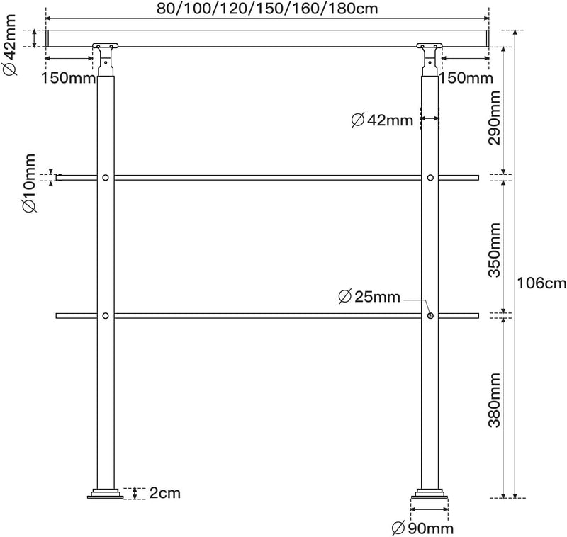 Ikodm Handlauf Edelstahl Treppengeländer Aussen & Innen 100 cm, Ø42mm mit 2 Querstreben und Zubehör,