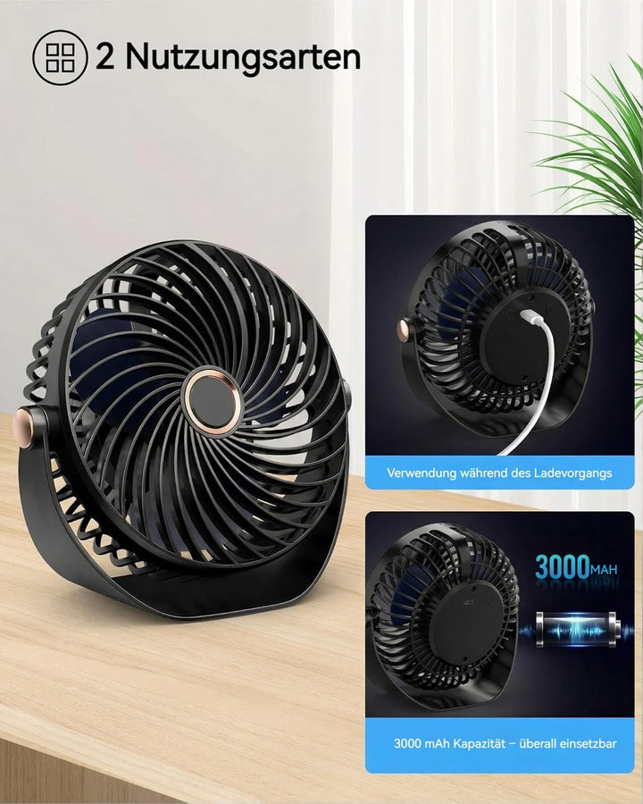 Tischventilator Klein, Leiser Mini Ventilator 26dB, 5 Geschwindigkeiten,3000mAh Akku,360° Verstellba