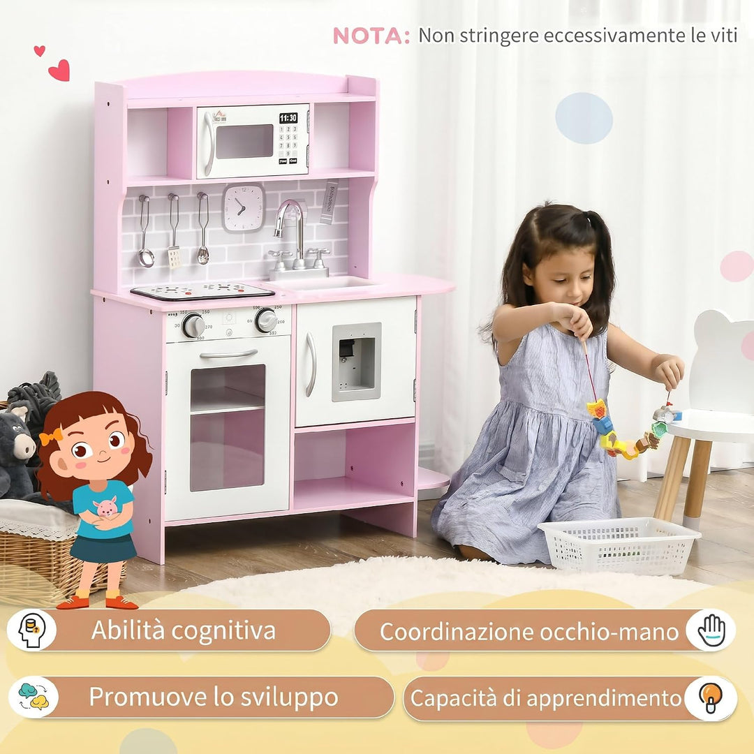 HOMCOM Holz-Spielküche mit Lichtern, Geräuschen, Stauraum, 3-6 J., Pink | Kinder-Küchen-Spielset, Wa