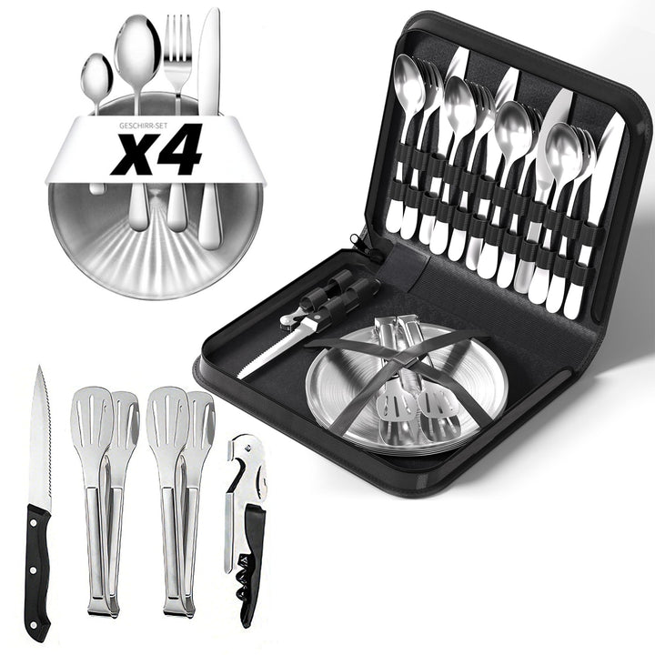 Camping Geschirr 4 Persoen Set, Camping Besteck mit Edelstahl Gabeln, Messer und Löffel, Inklusive B