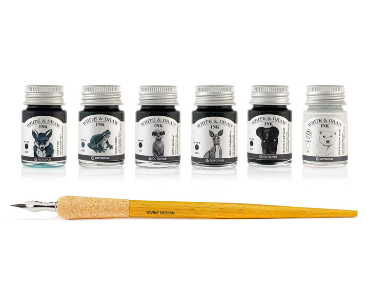 Octopus Write and Draw Ink Set Basic Grey, Schreib- und Zeichentusche, 6 x 10 ml mit Schreibfeder BA