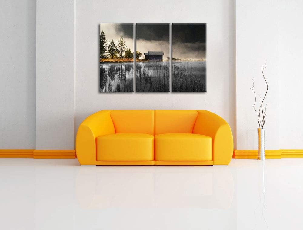 Pixxprint Häuschen am See mit Nebel als Leinwandbild | Grösse: 3 Teilig (120x80) | Wandbild| Kunstdr